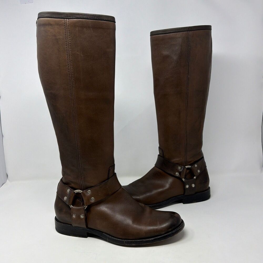 Frye Phillip Harness Tall Boots Smoke Brown Leather Back Zip Women’s US 6.5 B
